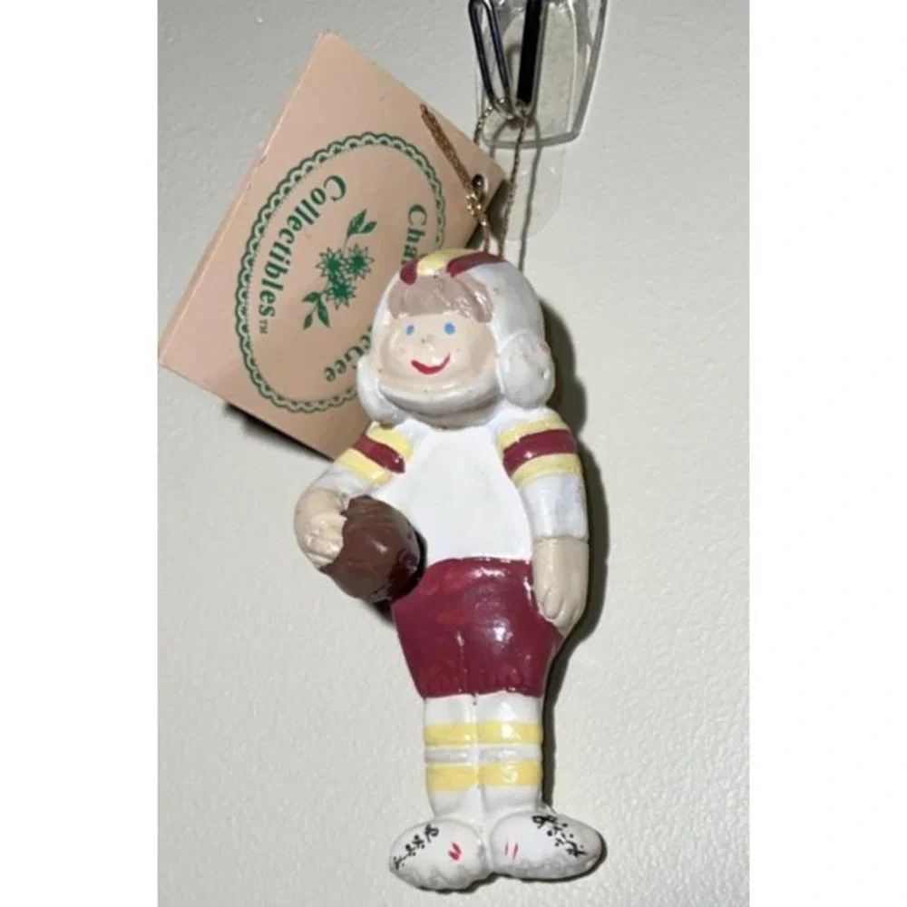 Vintage Charlee McGee Football Player Christmas Ornament Figure Molded Resin Tag